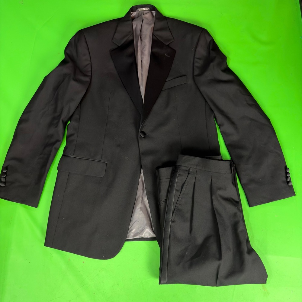 Stafford Tuxedo Suit Mens 40L 32W Black Wool Peak Lapel Formal Prom NEEDS REPAIR